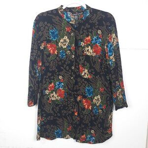 Carole Little Floral Animal Print Banded Collar 3/4 Sleeve Button Top 12 Artsy